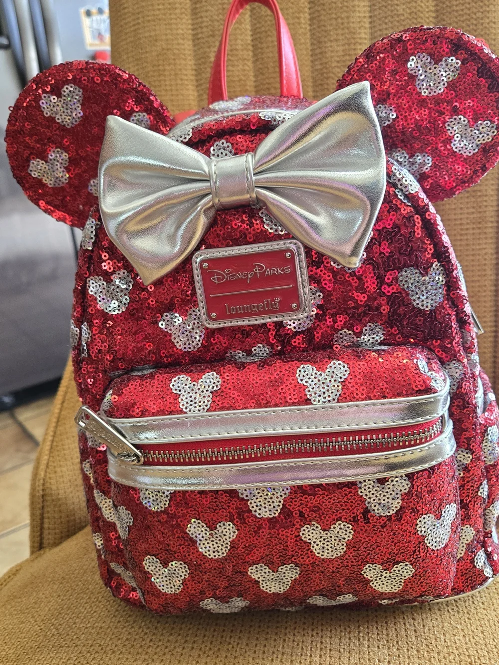 Loungefly Disney Red Sequin Minnie Ear Mini Backpack with Silver Bow